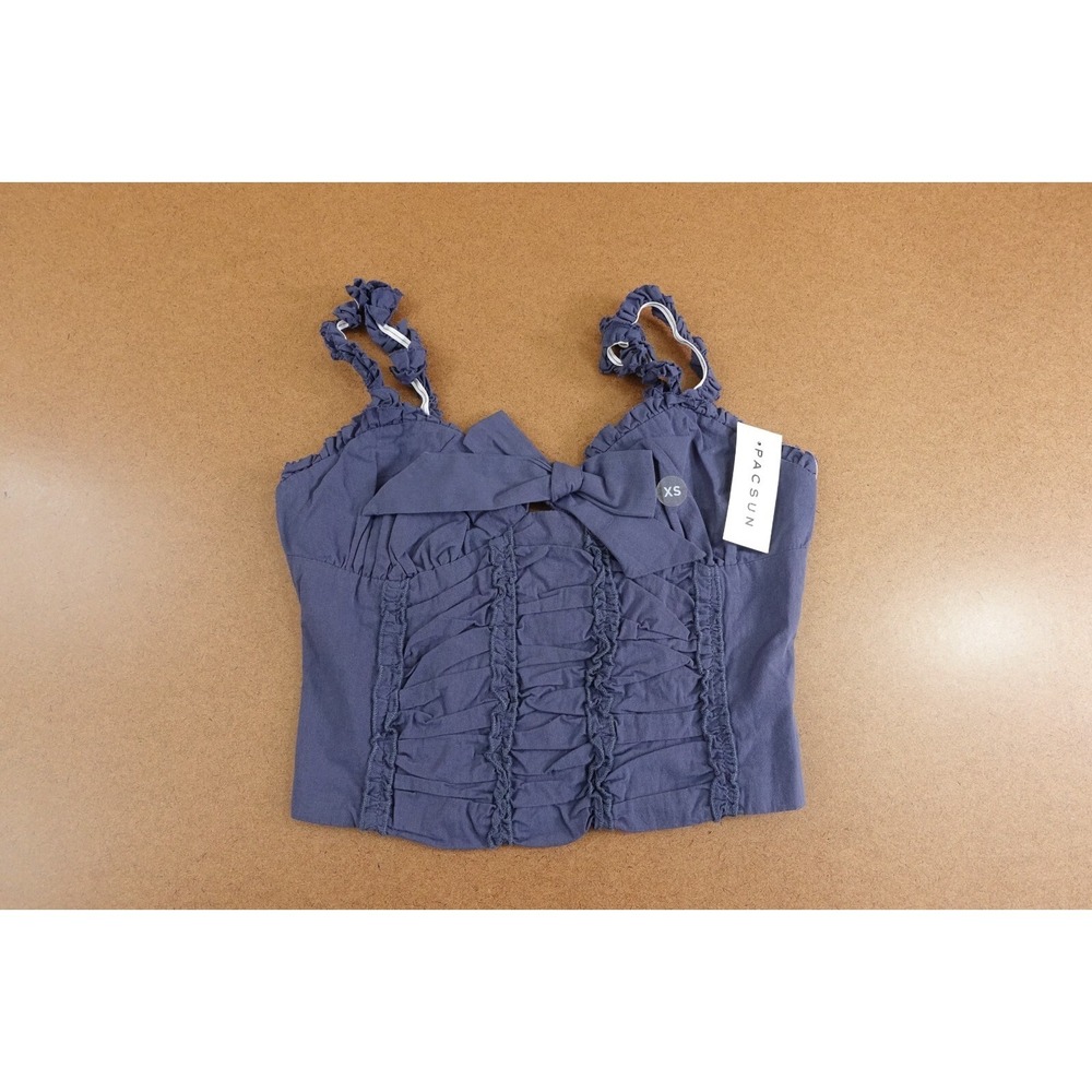 Beverly & Beck Womens XS Navy Blue Smocked Back Ruffle Bow Cropped Tank Top NWT